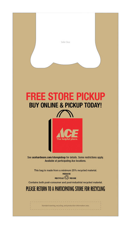 Ace Logo Recycled Plastic Brown T-Shirt Bag 1000 pk 23 in. H X 7 in. W X 12 in. L Free Store Pickup